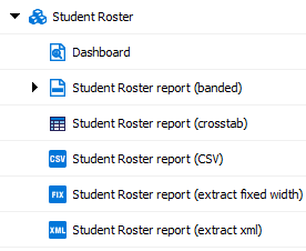 Student Roster DataBlock showing the default dashboard and five different types of report (banded, crosstab, csv, extract fixed width, and extract xml)